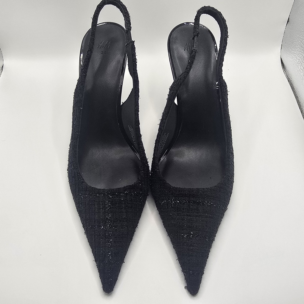 H&M Black Tweed Pointed Toe Slingback Stiletto Heels Pumps Women's US 8 EU 39